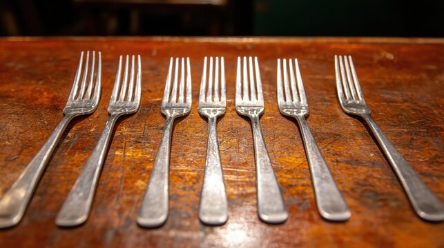 A set of seven forks arranged in a row on a wooden table.