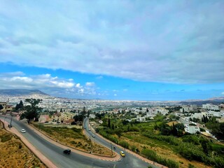 A panoramic view of the old city of Tangier with a view of link between the Mediterranean sea and the Atlantic sea and the port of tangier, morocco