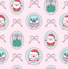 Santa Portrait with Christmas Tree and Pink Bow Seamless Pattern