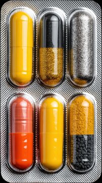 Close up view of various colored capsules in a blister pack, including yellow, black, gold glitter, and red and orange.