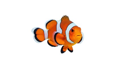 Close-up of an orange and white clownfish, side profile, against a plain white background.  The fish's fins and body are detailed, showcasing vibrant colors