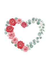 Romantic Watercolor Roses and Eucalyptus Heart