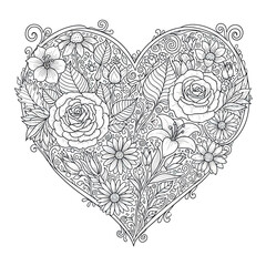 Floral Heart Vector Illustration with Detailed Flower and Leaf Elements in Black Line Art Style
