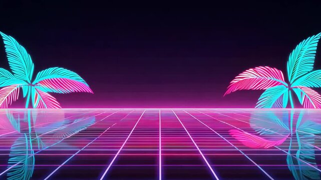 Classic retro 80s grid horizon glowing neon gradient. Palm leaves slide/fade in top corners, glowing edges highlighted hot pink electric blue. center screen pulses softly glowing sun, leaving clean