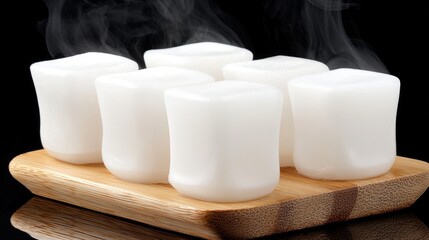 A wooden tray holds six white, square-shaped candles, with steam rising from them.