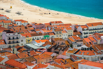 Panoramic View of Nazare Coastal Town with Red Rooftops and Atlantic Ocean in Portugal