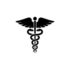 Black caduceus medical symbol silhouette with wings and serpent isolated on transparent background