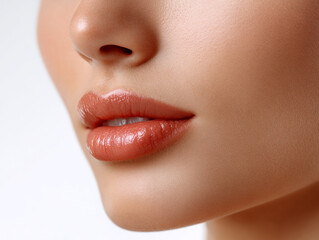 Obraz premium Close-up of a woman’s lips with glossy coral lipstick and smooth, flawless skin, highlighting the mouth, nose, and chin.