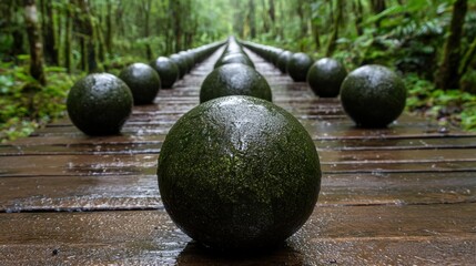 A walkway lined with large, dark green spheres.