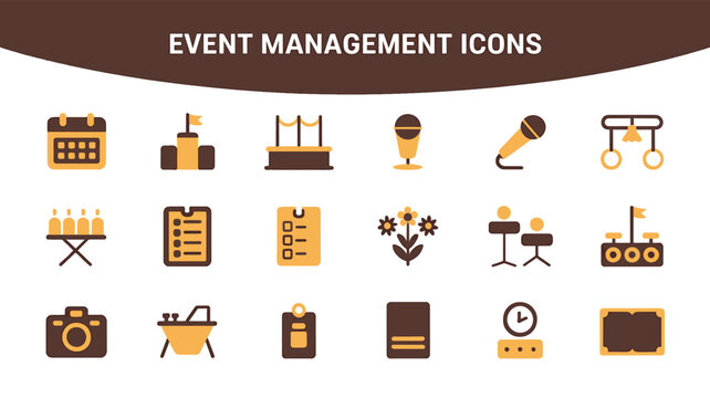 Flat 2026 event management icon set with calendars, stages, and organizational tools