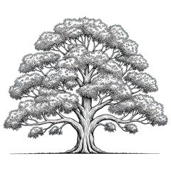 Detailed Tree Vector Illustration with Organic Leafy Branches in Black and White Vintage Style