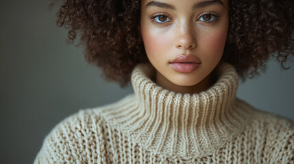 Close-up portrait of woman in beige turtleneck sweater, neutral background