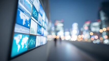 Data Monitoring in Urban Nightscape: A composite of screens displaying live global data, overlooking a dynamic cityscape after dark, emphasizing digital connection.  - Powered by Adobe