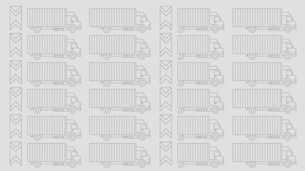 Repeated pattern of outlined delivery trucks and chevron shapes on a light gray background design