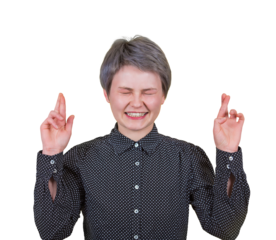 Hopeful short-haired female keeps eyes closed and a holds fingers crossed on both hands, hope for success. Businesswoman wearing a black shirt with white polka dots isolated on transparent background