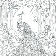 Detailed Organic Vector Illustration of Peacock with Floral Forest Elements in Line Art Style