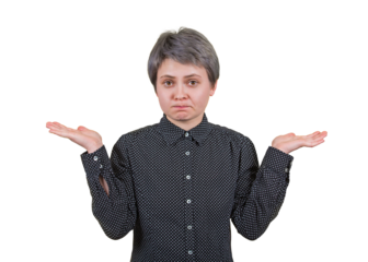 Clueless woman hesitates shrugging shoulders expressing uncertainty. Puzzled businesswoman hands outstretched loos confused isolated on transparent background