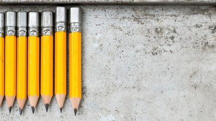 A row of yellow pencils with silver caps.