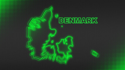 Neon Green Denmark Map Outline Futuristic Digital Glow Halftone Illustration