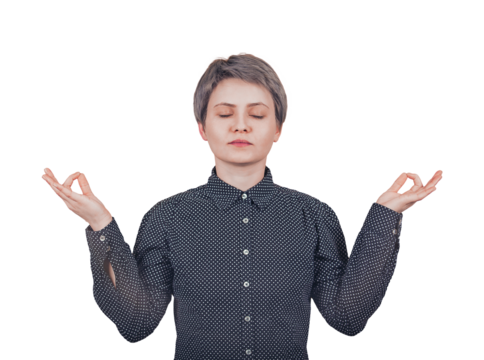 Young woman meditating, calm face emotion with eyes closed, raising hands showing zen gesture like practicing yoga. Relaxed female isolated on transparent background