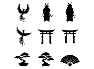 Black silhouette illustration of a phoenix, samurai, torii gate, bonsai, and a fan on a white background
