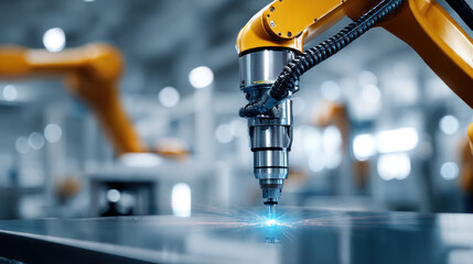 Robotic arm performing precise work in an industrial setting with high detail and clean lines. Artificial Intelligence, Futuristic Digital Technology, Metaverse of Digital Intelligent World