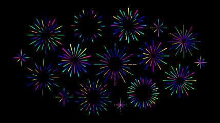Exploding neon festive fireworks isolated on black background. Flat style. Design concept for holiday banner, flyer, greeting card. Decorative element for Happy New Year poster.