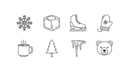 Collection of winter themed icons in a simple outline silhouette style
