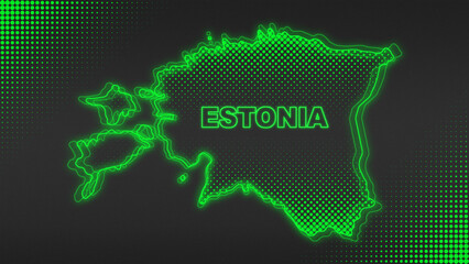 Neon Green Estonia Map Outline Futuristic Digital Glow Halftone Illustration