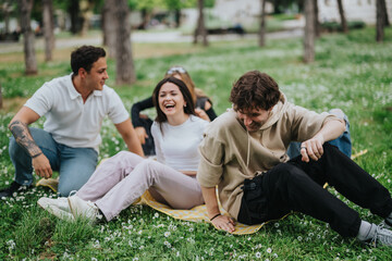 Naklejka premium Friends enjoying a happy moment in a green park, sitting on a blanket amidst grass and nature, sharing laughter and good company on a leisurely day outdoors.