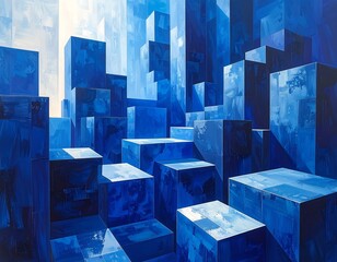 Abstract cityscape of layered blue cubes