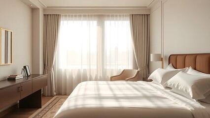 Stylish hotel room with crisp linens and morning sunlight filtering through sheer curtains.