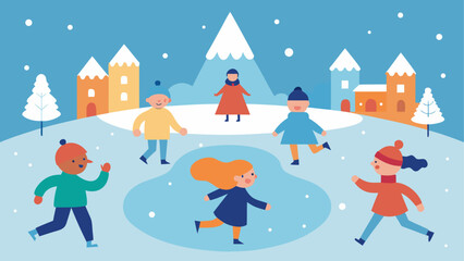 Children playing in a snowy landscape with buildings and a mountain on a winter day illustration