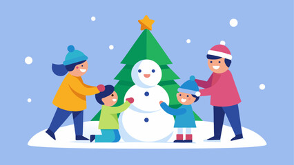 Family building a snowman together near a christmas tree in a snowy winter landscape scene illustration
