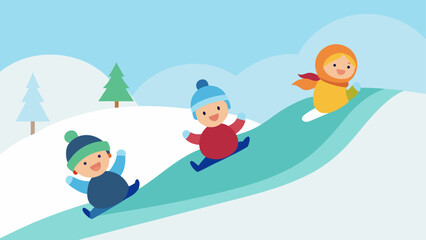 Three children sledding down a snowy hill with trees and a light blue sky in the background scene