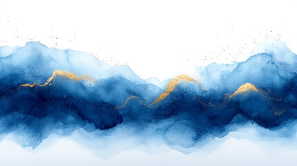 Abstract landscape, blue and gold, watercolor, mountains, background
