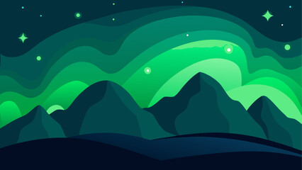 A digital illustration of mountains under a green aurora borealis with stars in the night sky above it all