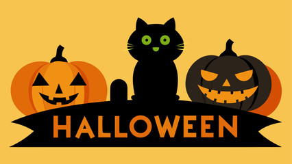 Halloween scene with black cat between two pumpkins on a banner with halloween text on orange background
