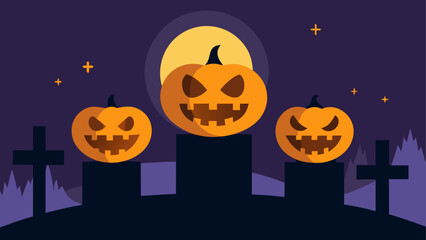 Three jack o lanterns on tombstones with a full moon and stars in a halloween night scene design