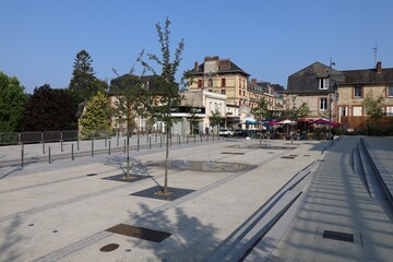 La place de la gare, place typique, village de Bagnoles de l'Orne, département de l'Orne, France