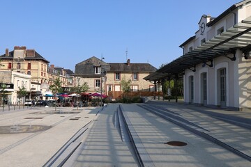 La place de la gare, place typique, village de Bagnoles de l'Orne, département de l'Orne, France