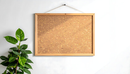 Fototapeta premium Simple wooden framed corkboard hangs on a white wall, next to a small green plant.