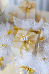 anniversary, wedding, rose, celebration, gift, love, party, decoration, pie, colours, ribbon, gold, 50, emotion, ring, white, birthday, eatery, flower, red, vacation, sweet, belief, colourful, elderly