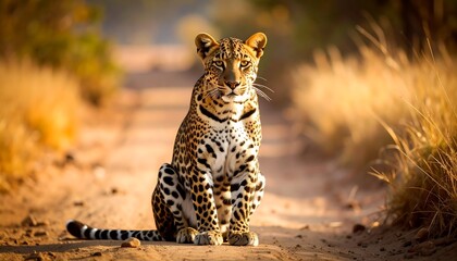 A leopard sits on a dusty path, bathed in golden sunlight