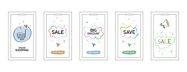  Online Shopping Sale Discount Save Promotions with Confetti and Stars Elements UI Screens Pack