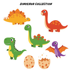 Fototapeta premium Adorable Cartoon Dinosaurs Collection Stegosaurus Brachiosaurus TRex and More.