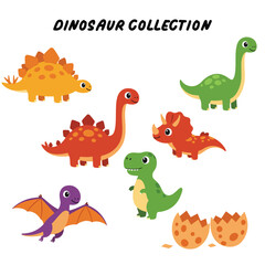 Adorable Cartoon Dinosaur Collection with Various Species and Eggshells.