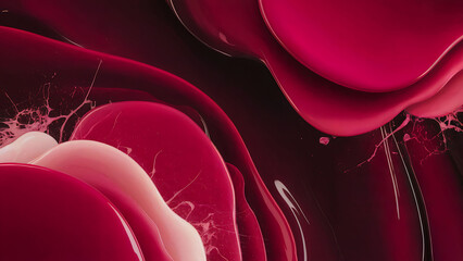 Abstract macro view of vibrant red liquid flowing and swirling with bubbles and droplets