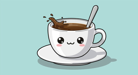 Adorable Kawaii Coffee Cup with Spoon and Splash.