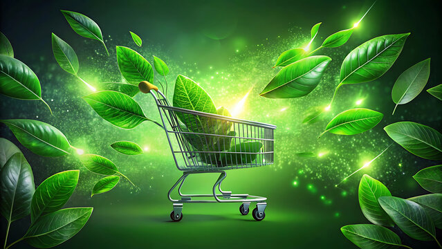 Eco Digital E Commerce Design With Green Glowing Leaves Sustainability   - Powered by Adobe
